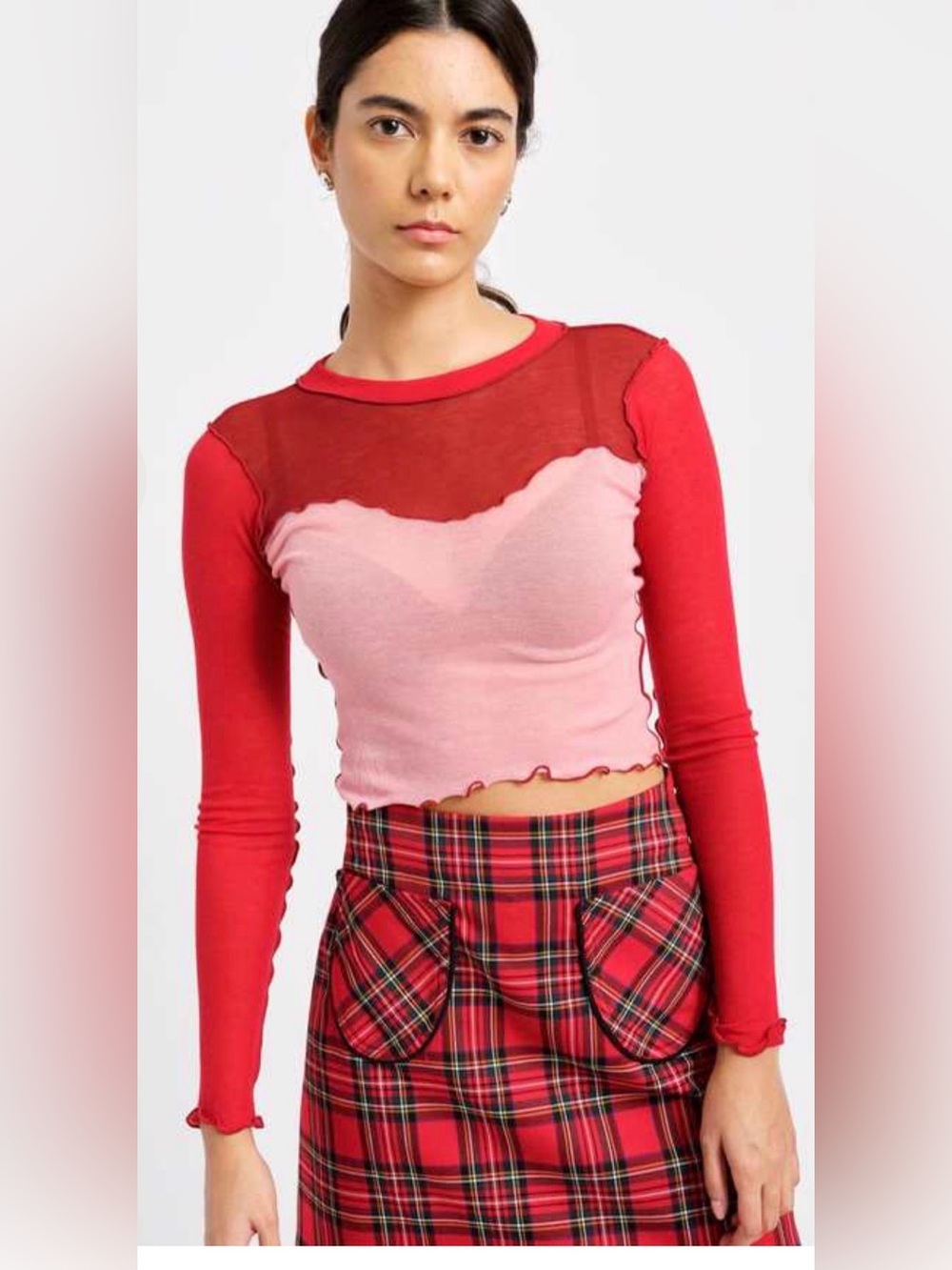 Bella Eliza Faulkner sheer colrblock Red and Pink Long-Sleeve Layered Crop Top